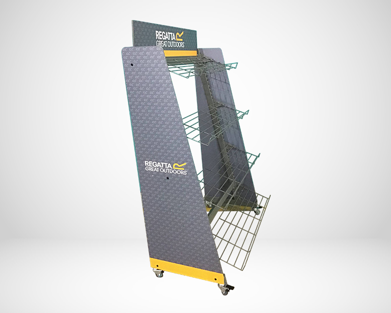 Angled view of a shoe display rack