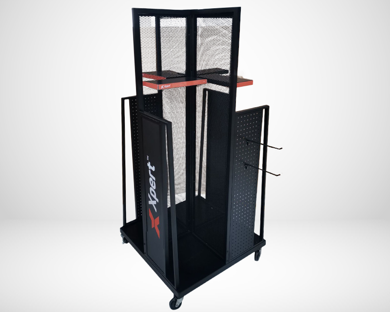 A black metal footwear unit for retail