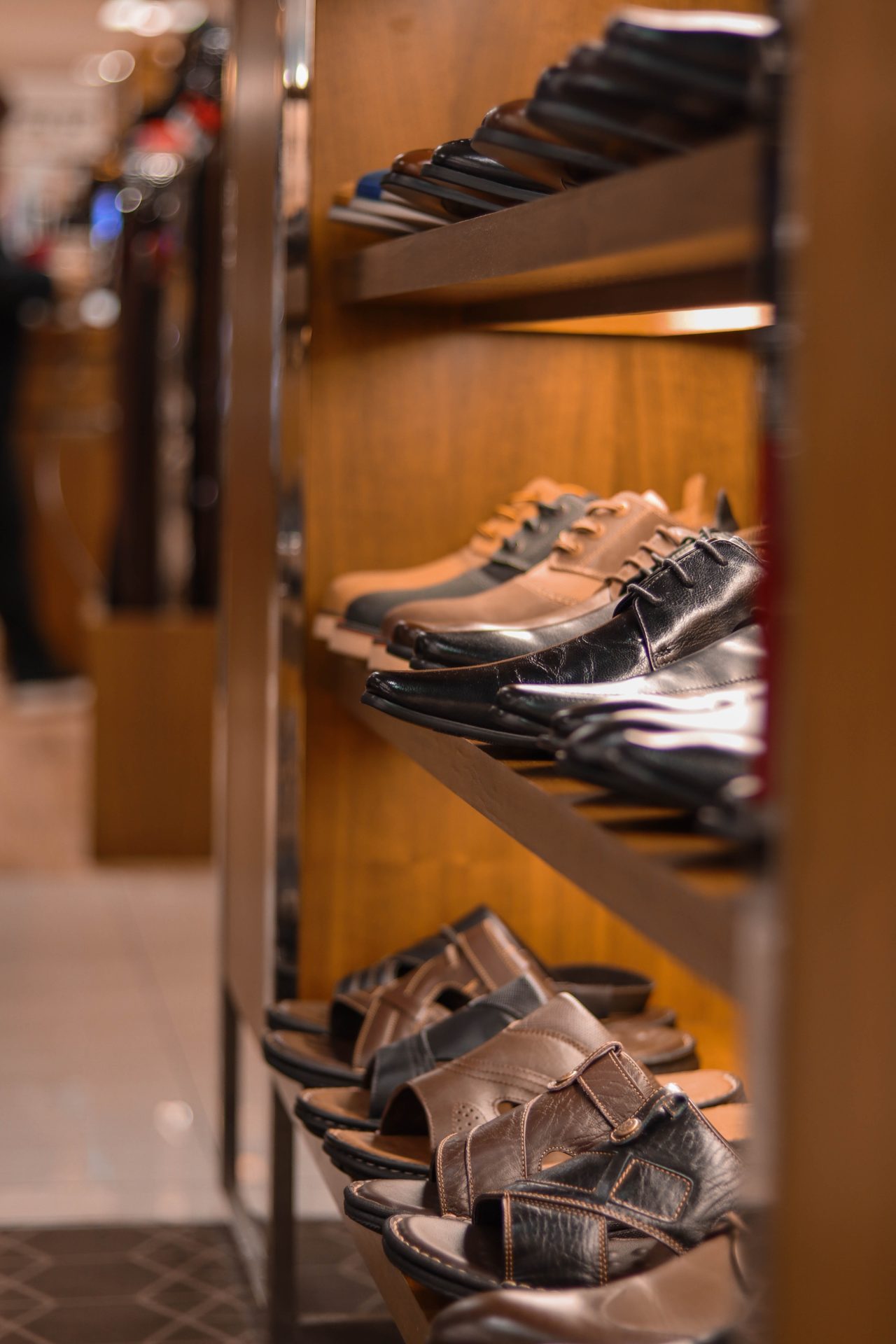 An illuminated shoe display in a shop