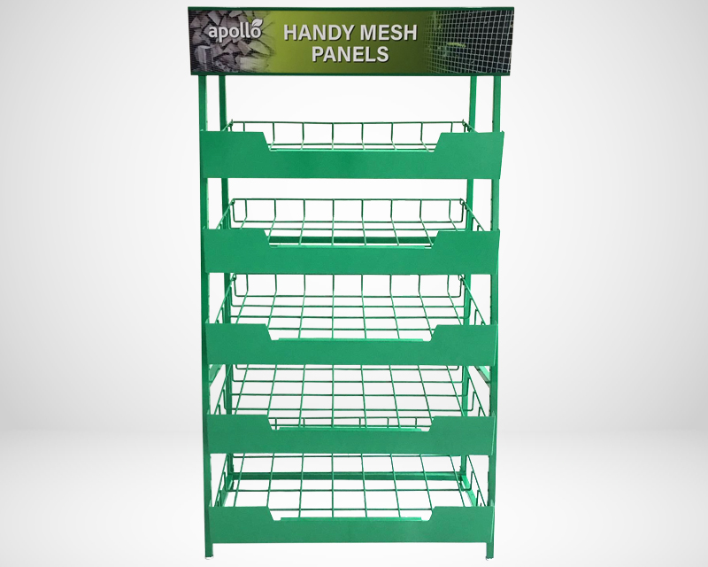 A metal panel stand for a garden centre