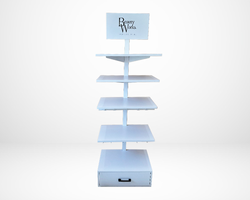A freestanding salon display unit from the front