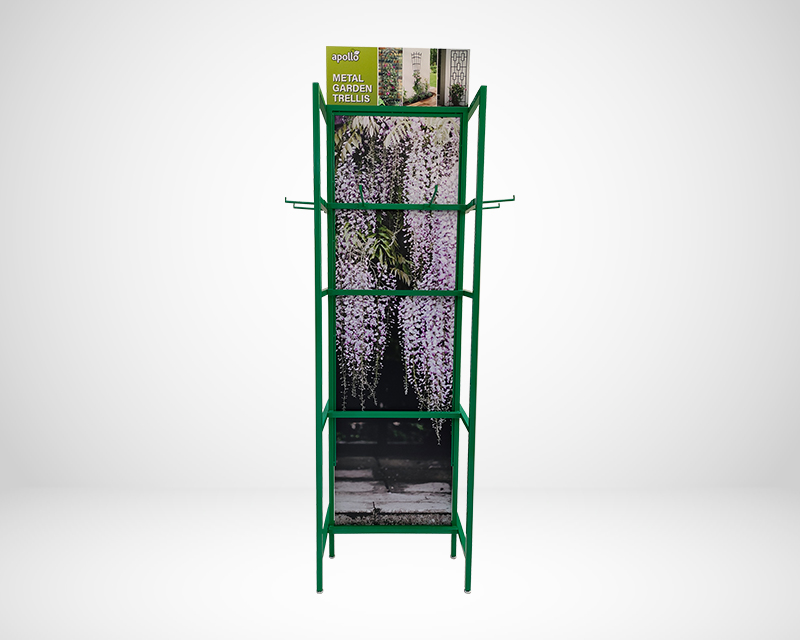 A metal garden centre display in green for a trellis product - front view