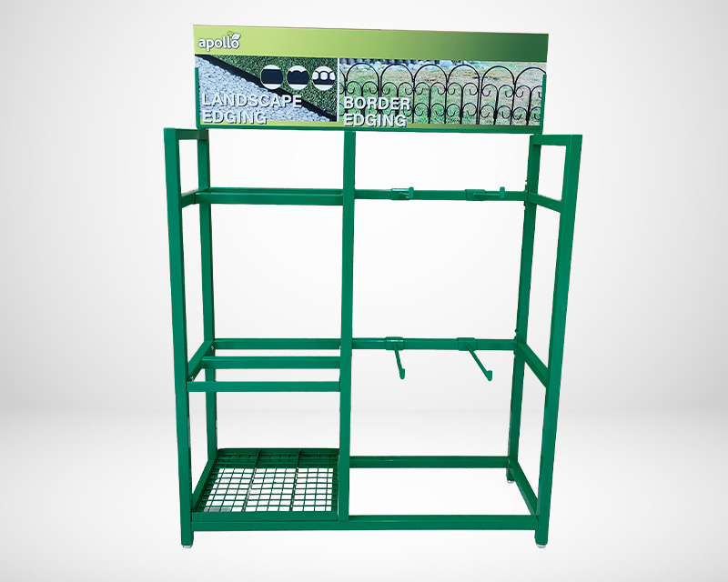 The front view of a metal display stand for a gardening retailer