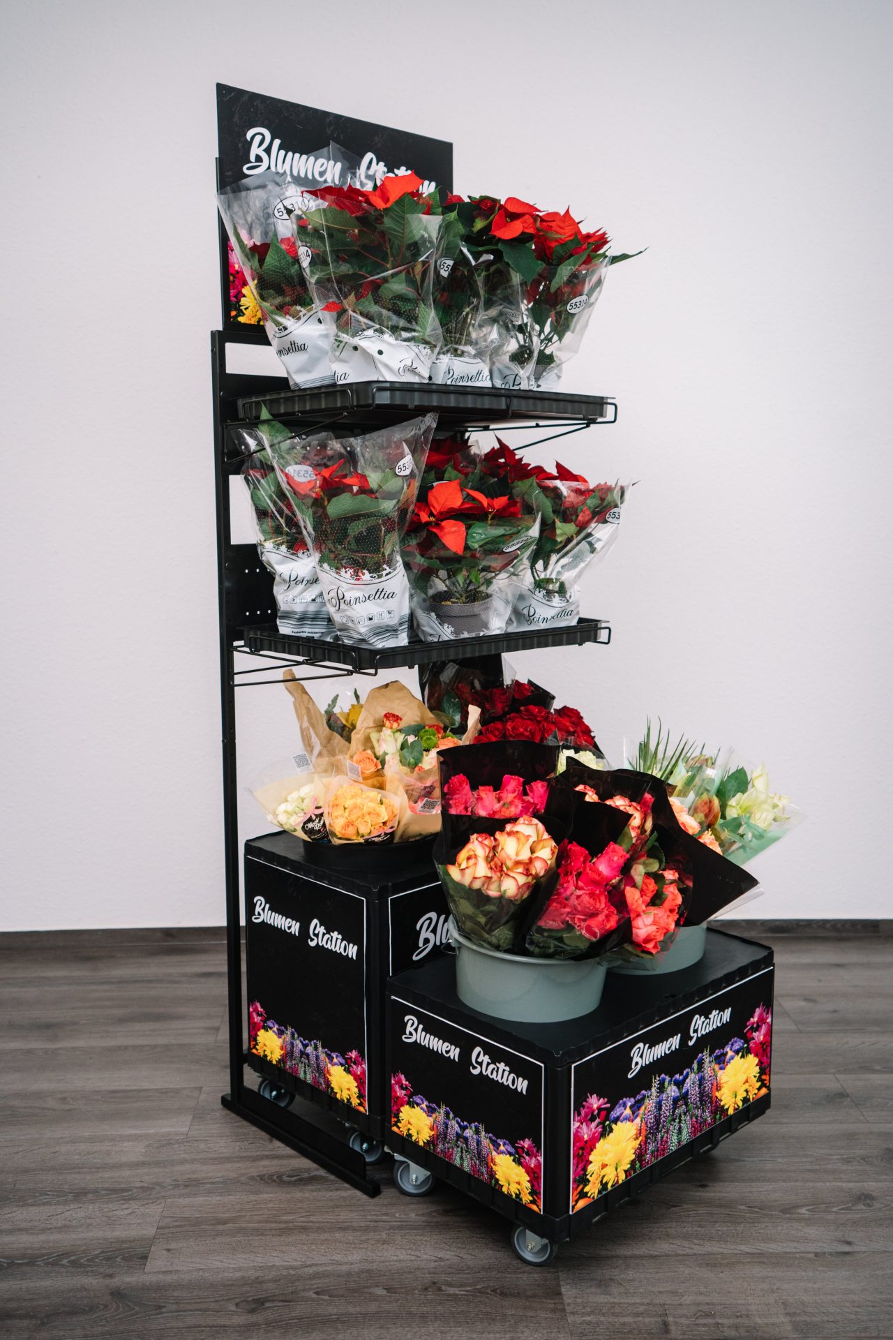 Freestanding Mobile Station for Flowers - with Castors - double side view