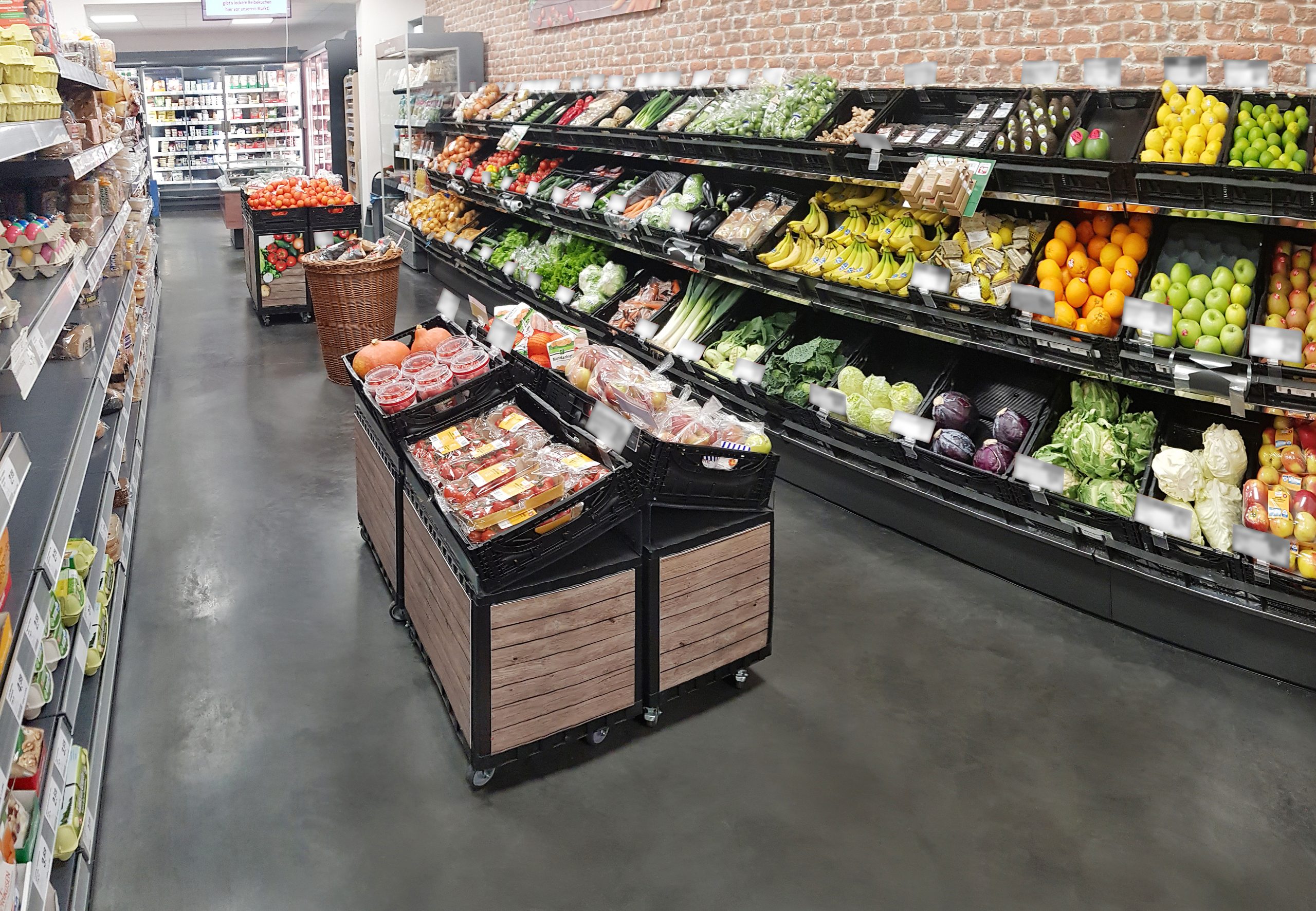 A supermarket showing small smart merchandise displays with wooden effect