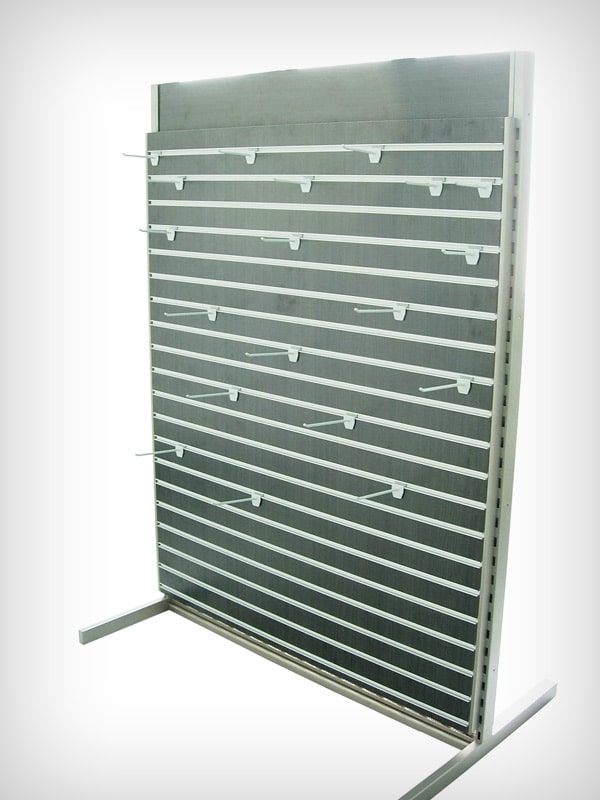 A perimeter panel with a slatwall fixture and hooks