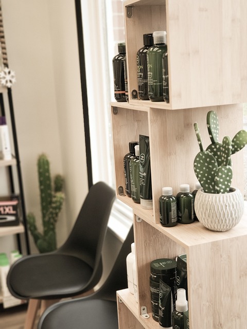 Wooden salon shelving in a waiting room