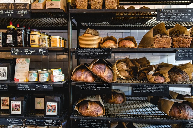 Bread on black metal shelving in a supermarket 