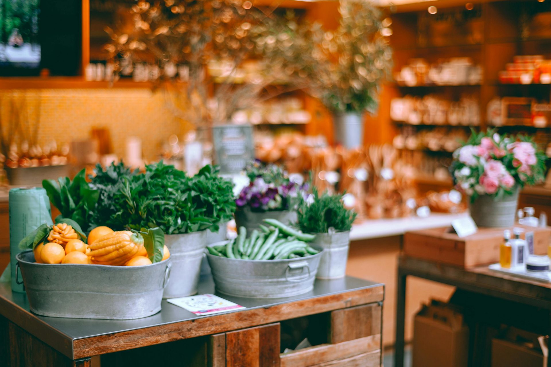 A rustic grocery display in a supermarket