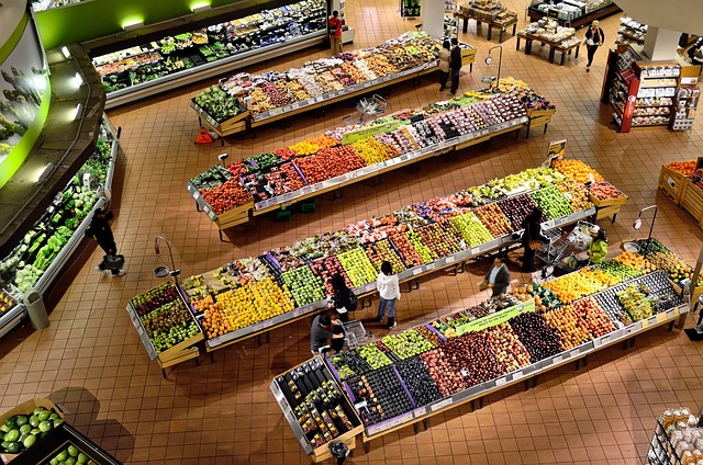 A supermarket layout showing ideas for displaying grocery produce