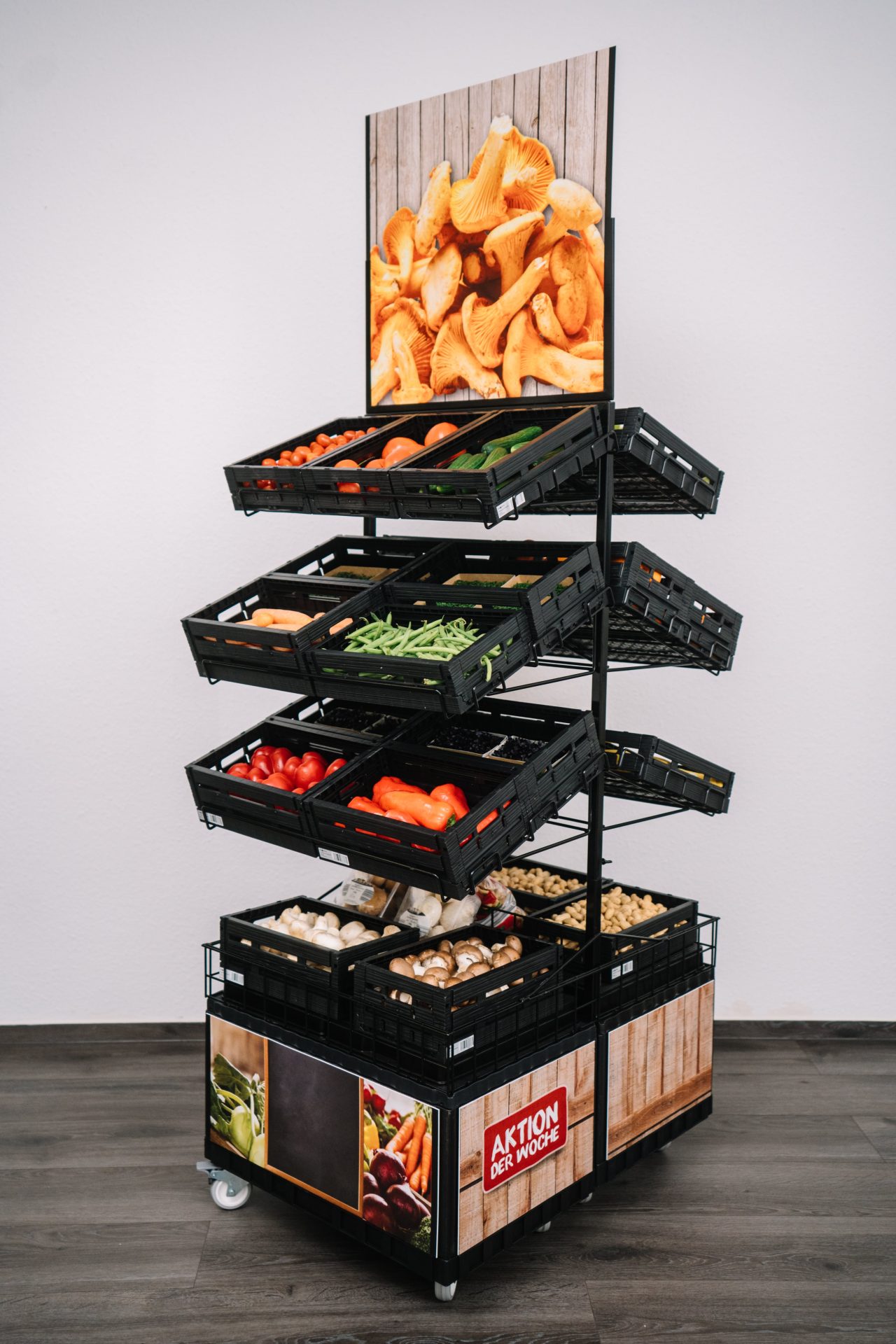 Fruit and vegetable display, double sided and tiers with trays - custom designed