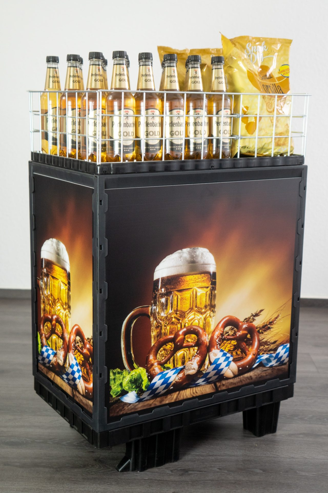 A beer and snacks display 