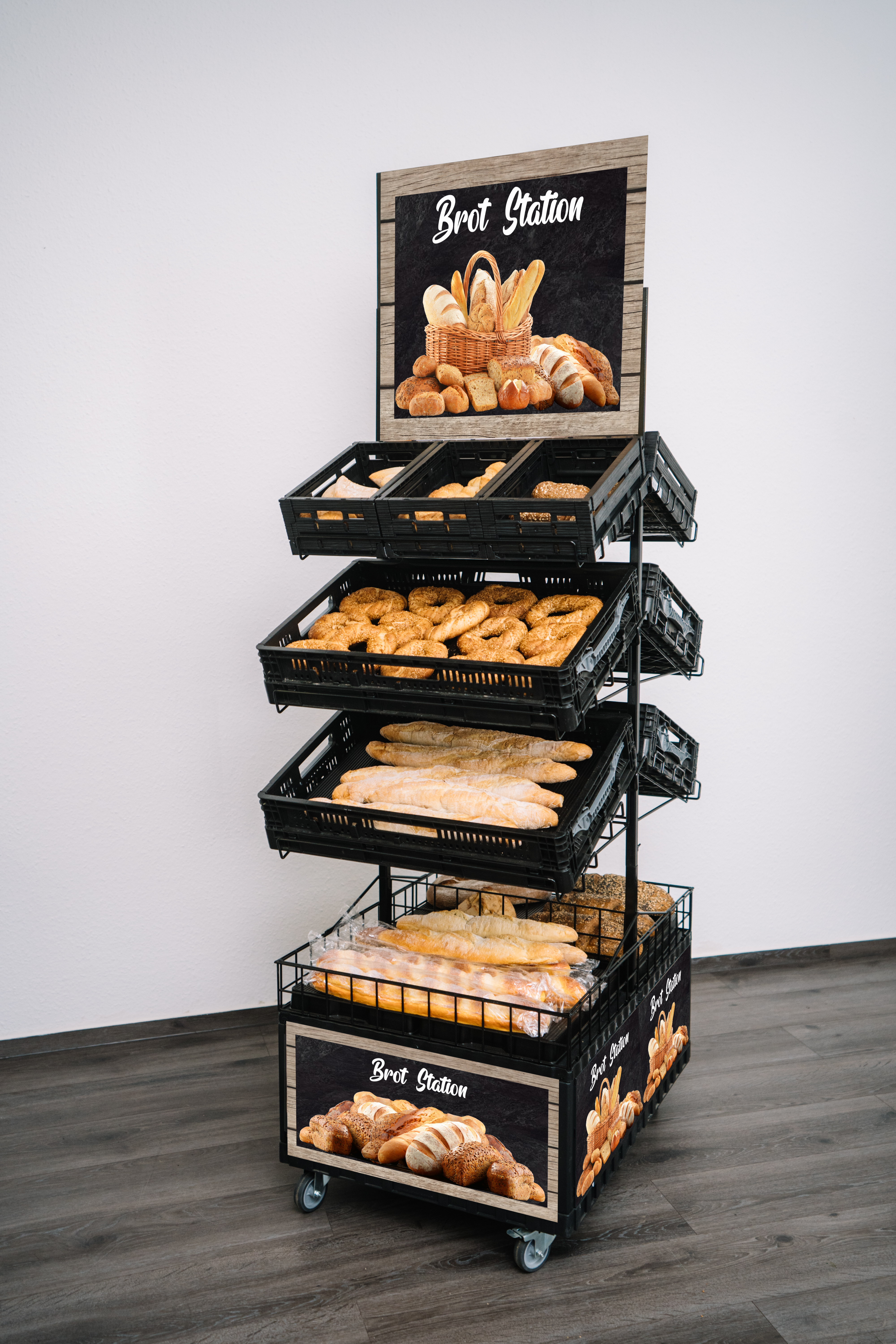 Double-sided bakery display with signage