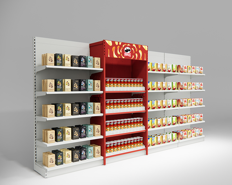 Mock-up of promotions with products, an integrated shelving pusher system with adjustable dividers and variable force springs for seamless product display.
