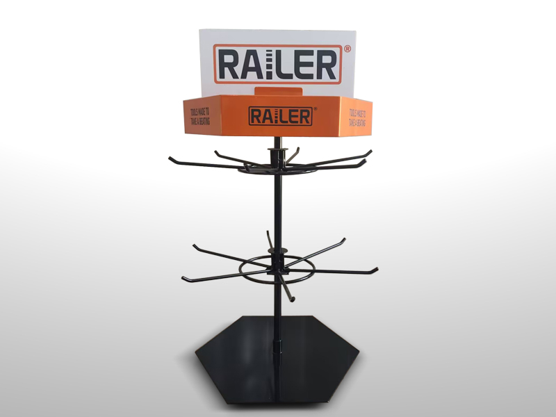 Wire tool display stand with multiple rotating hooks, customized branding, and sturdy black base