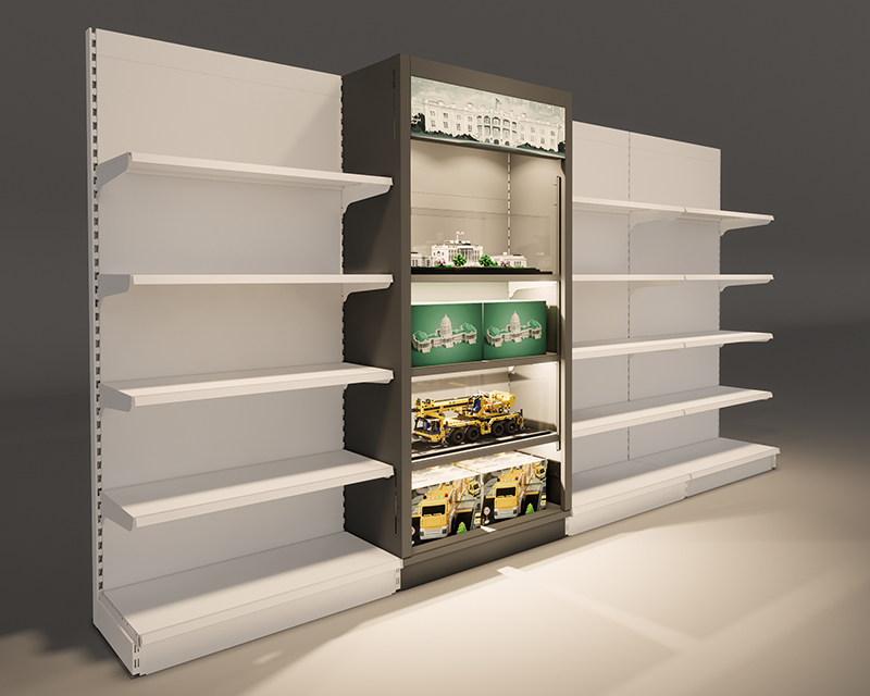Side angle of promotional shelving with customizable decorative borders and lighting.