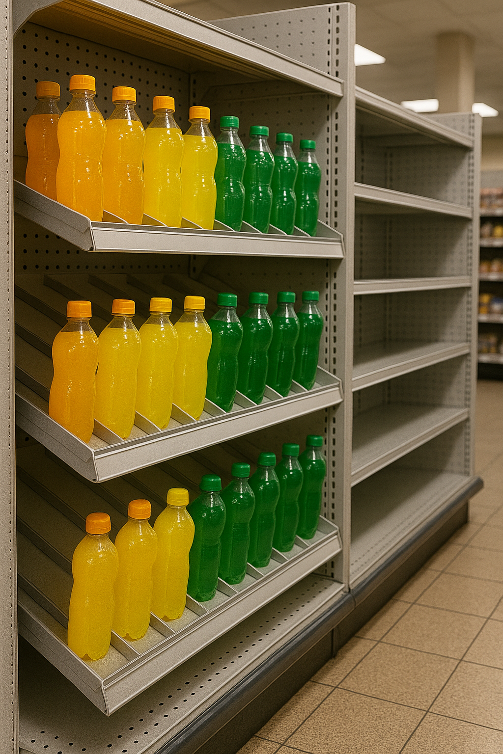 An example of gravity fed shelving as a shelf management system